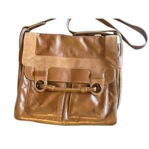 Mimco Tan Leather Messenger Bag Crossbody Suede Trim Striped Lining Brown